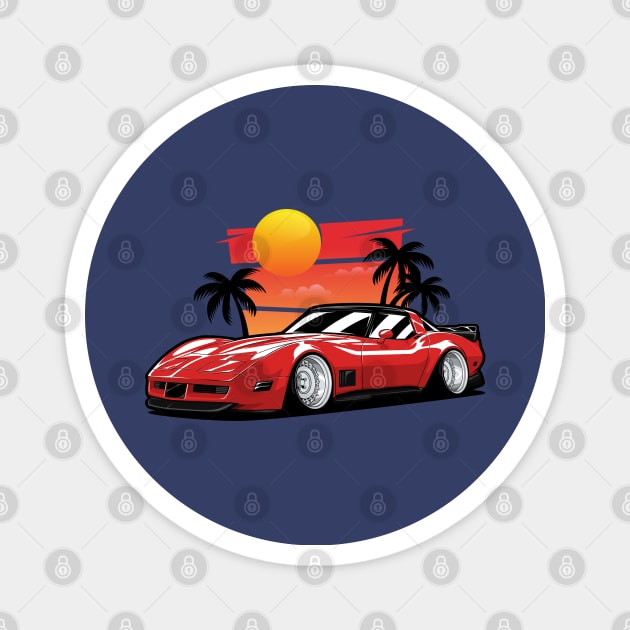 Red Corvette C3 Sunset Palms Magnet by KaroCars